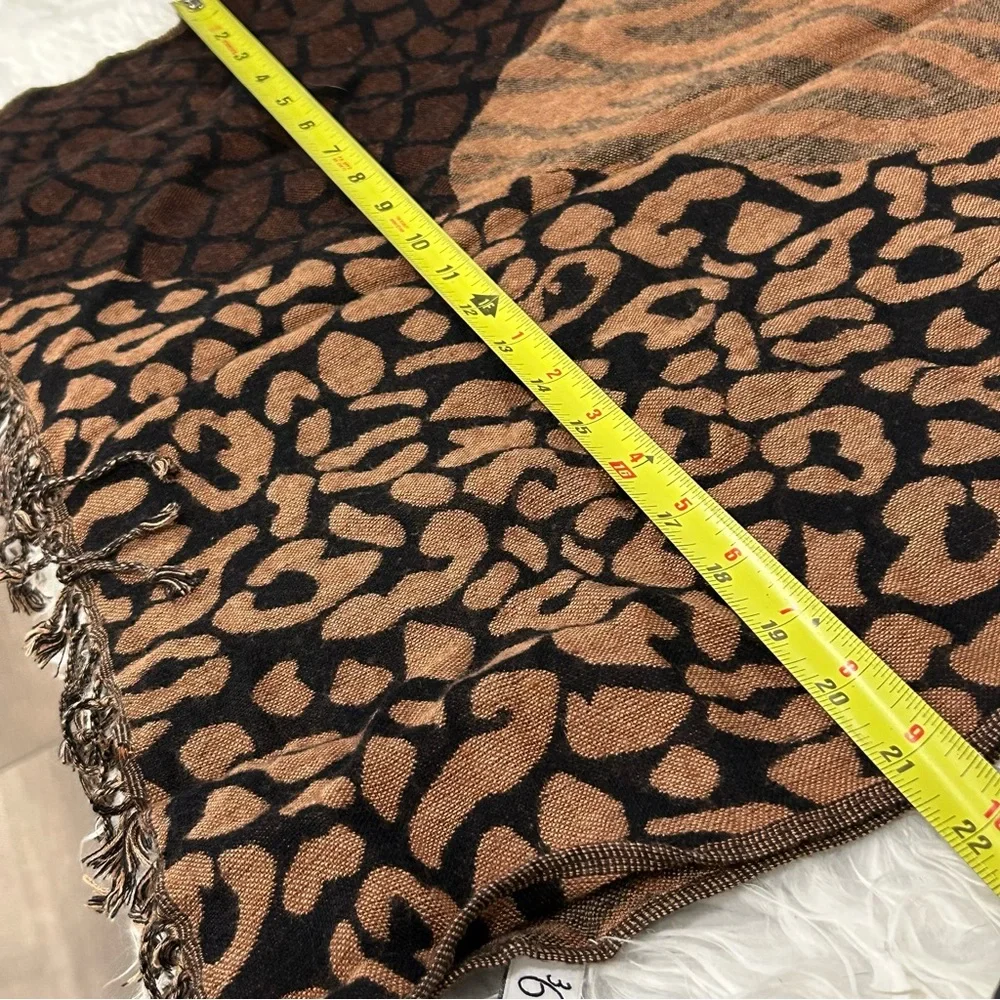 Brown Fringe Scarf Animal Prints Reversible Cheetah Tiger Zebra Patterns 21”x60”